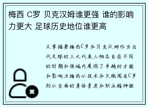 梅西 C罗 贝克汉姆谁更强 谁的影响力更大 足球历史地位谁更高