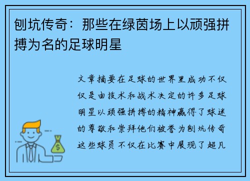 刨坑传奇：那些在绿茵场上以顽强拼搏为名的足球明星