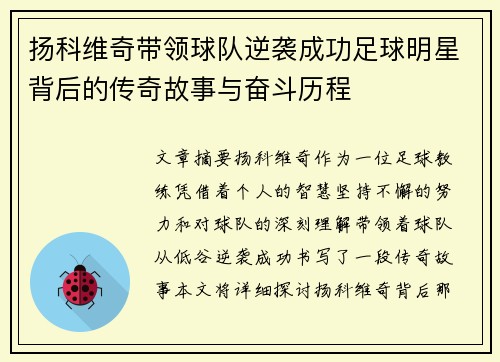 扬科维奇带领球队逆袭成功足球明星背后的传奇故事与奋斗历程