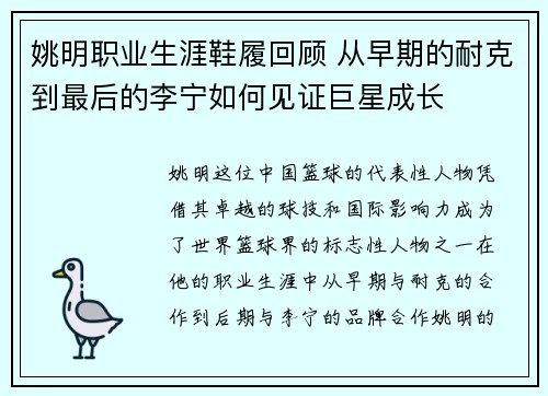 姚明职业生涯鞋履回顾 从早期的耐克到最后的李宁如何见证巨星成长